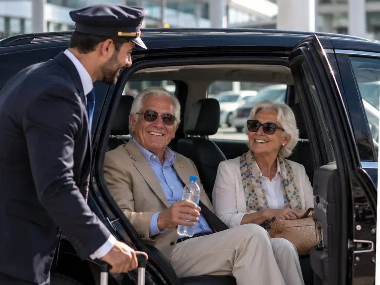 A driver in a uniform and cap holding the door of a private car for a smiling couple seated in the back, with their suitcase beside him