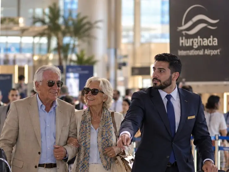 A concierge in a dark suit guiding a smiling older couple through an airport arrivals hall, pulling their luggage on a trolley